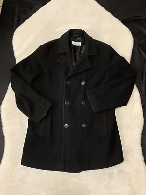 Calvin Klein Mens Black Wool Cashmere Blend Double Breasted Pea Coat Medium • $44.99