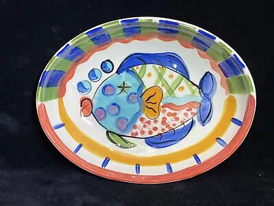 Vicki Carroll Pottery Signed Oval Serving Dish  Bright Colors Fish Swirls  VCf • $49.99