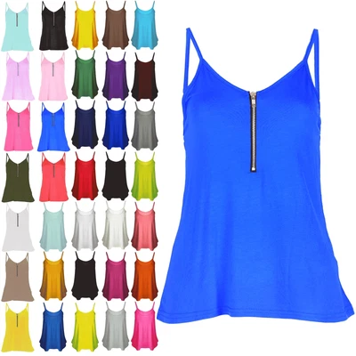£5.49 • Buy Womens Plain Flared Swing Vest Front Zip Cami Strappy Ladies Top Plus Size