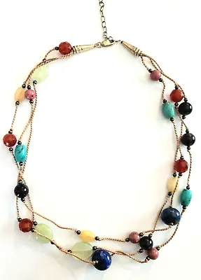 Sterling Silver Semi Precious Gemstone Triple Strand Necklace Turquoise Lapis + • $27.99