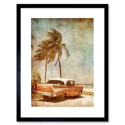 Painting Drawing Vintage Car Tropical Palm Beach Framed Art Print B12x13273 • $16.99