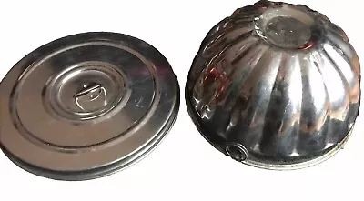 Vintage Cake Mold Round Shell Tin Ribbed W/ Lid For Steam Cake Pudding Jello • $13.99