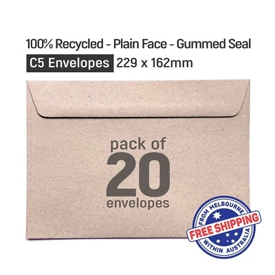 20 X C5 Envelopes (229x162mm) - 100% Recycled ECO Brown - Gummed Seal • $12.80