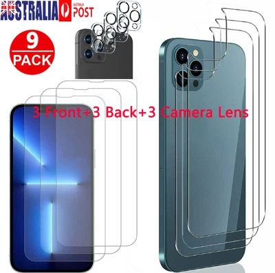 $23.99 • Buy 9 Pack IPhone 14 13 12 Pro Max Tempered Glass Front+Back Camera Screen Protector