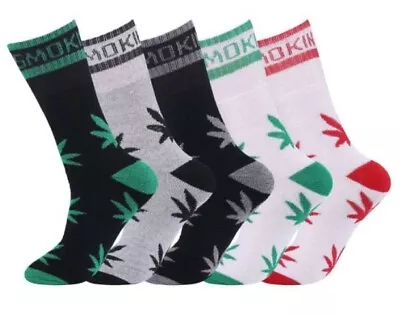 Men 5 Pairs Cannabis Ganja Marijuana Weed Leaf Cotton Rich Crew Casual Fun Socks • £9.98