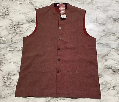 NWT Fabindia Mens Vest Size 46 Red Beige Little Plaid Tunic Sleeveless Button Up • $46.71