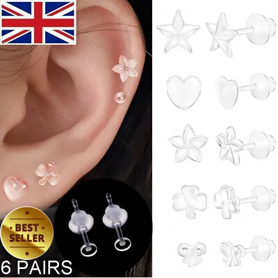 6 Style Invisible Clear Plastic Stud Earrings Acrylic Rubber Post Silicone Back • £4.99