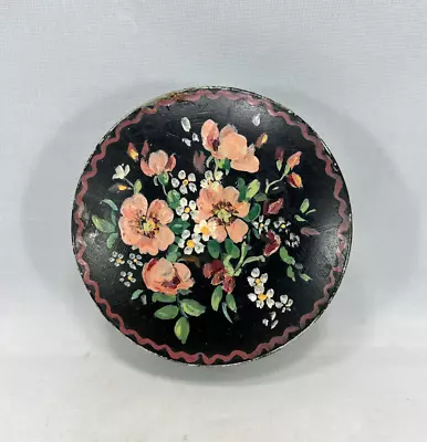 VINTAGE Tin/Metal Face Powder Round Box With Hand Painted Flowers • $10