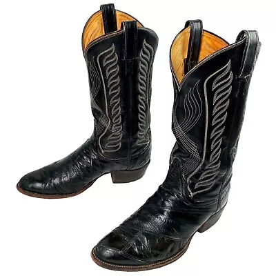 Tony Lama Black Eel Leather Cowboy Boots 10.5 D Distressed Vintage Western Rocka • $69.99