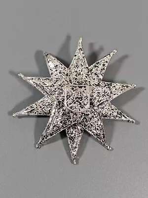 Vintage Silver Tone 10 Point Star Crest Maltese Cross Layered Pin Brooch • $6.99