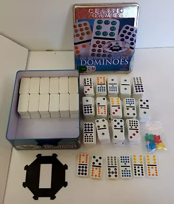 Dominoes Double 15 Color Dot Cardinal Tin Case Mexican Train Game 136 Tiles • $15