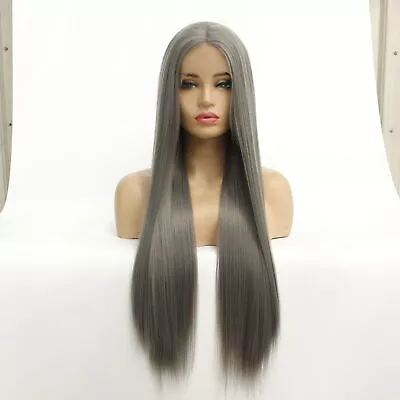 Dark Grey Straight Long Wig 13x2.5lace Front Synthetic Wig Heat Safe Wig Natural • $35.99