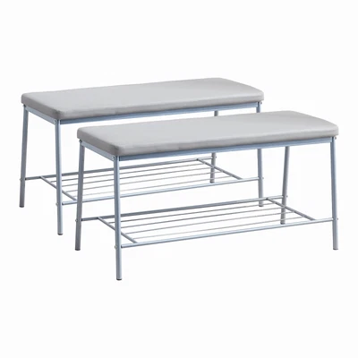 2x Grey Faux Leather Dining Bench Shoes Bench Bedroom Bench Metal Storage Shelf • £59.99