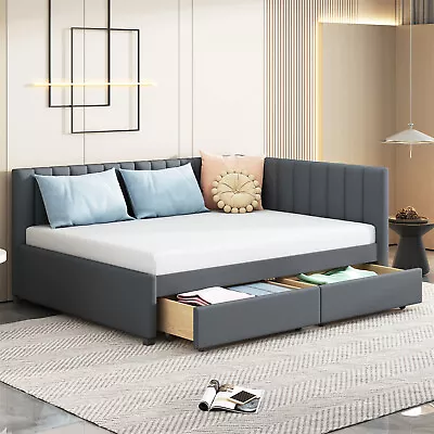 Full Size Daybed Upholstered Bed Frame Sofa Bed With 2 Storage Drawers Gray US • $415.99