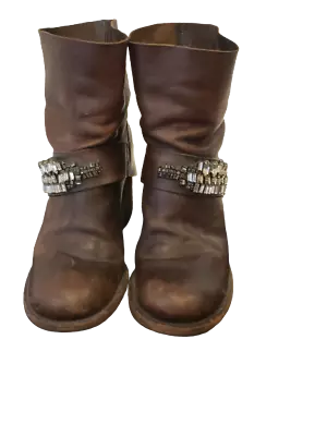 Vera Wang Lavender Size 7.5 Distressed Brown Leather Rhinestone Embellished Boot • $114.99