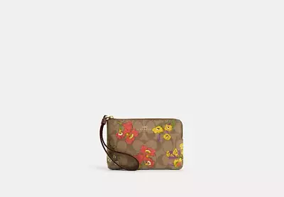 Coach Im/khaki Multi Floral Print Corner Zip Wristlet Cr814 • $44.99