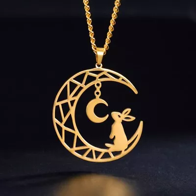 Lovely Rabbit Crescent Moon Necklace Women Girls Stainless Steel Hollowed Animal • $6.69