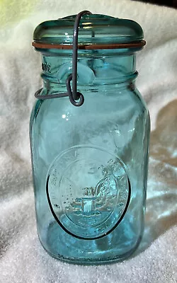 VTG Ball Jar Blue Green Bicentennial Celebration  Eagle 1qt Glass Wire Bale USA • $23.28