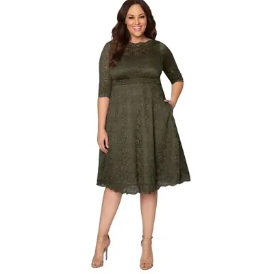 NWT Kiyonna Lace Elbow Sleeve Scallop Trim Cocktail Green Dress 1X 14/16 • $59.96