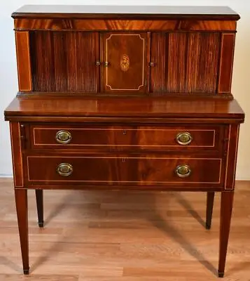 1910s  Antique English Sheraton Mahogany Inlaid Secretary / Writing Tambour Desk • $1950