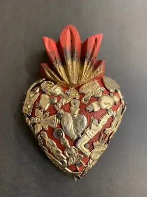 Hand-Crafted Folk Art Flaming Red Heart With Milagros - Small • $25