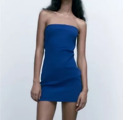 NWT Zara Size M Blue Bandeau Denim Mini Strapless Dress • $35