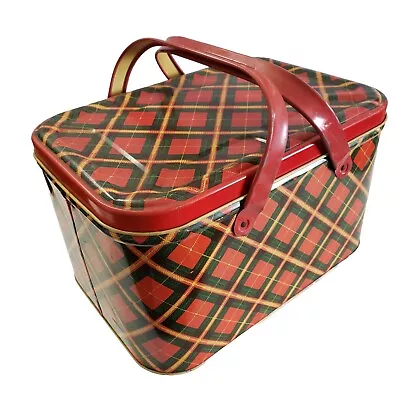 Red Plaid Metal Tin Picnic Basket Box With Lid 14 X9.5 X8  - Vintage • $59.95