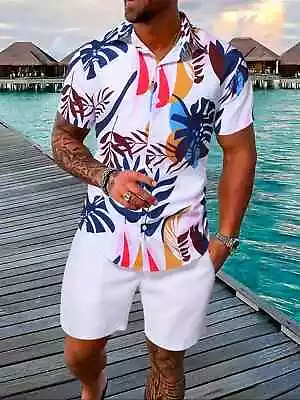 Men's Summer Printed Lapel Short Sleeved Shirt Beach Shorts Street Clothing • $59.23