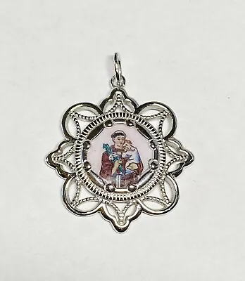 Silver Enameled Saint Joseph  San Jose  & Sacred Heart Filigree Scapular Medal • $89