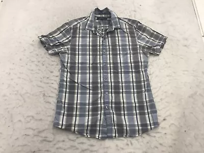 Marc Anthony Button Shirt Mens S Small Slim Fit Gray White Plaid Short Sleeve • $3.90