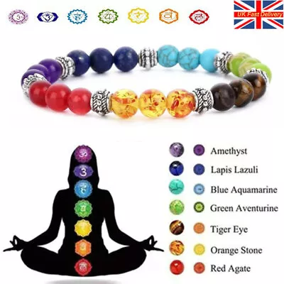 7 Chakra Crystal Healing Stone Reiki Beaded Bracelet Elastic Women Men Jewellery • £3.79