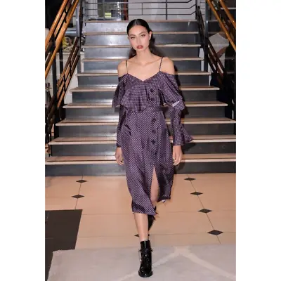 Olivia Palermo X Banana Republic Silk Off Shoulder Ruffle Purple Midi Dress 14 • £61.71