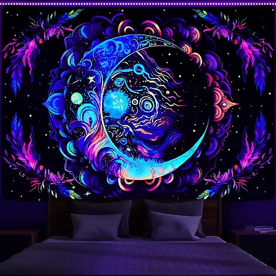 Blacklight Tapestry UV Reactive Tapestries Moon Mandala Tapestry Bohemian Tapest • $18.61