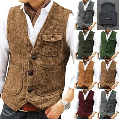 Mens Tweed Waistcoat Vests Party Retro Herringbone Vintage Vests 42 44 46 48 50 • £19.18