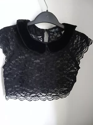 Topshop Black Lace Cropped Top With Velvet Collar Size 6 Goth Victorian • £4