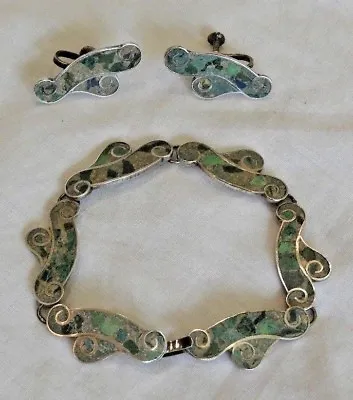 Vintage Mexican Sterling Silver & Crushed Turquoise Inlay Bracelet & Earring Set • $94.17