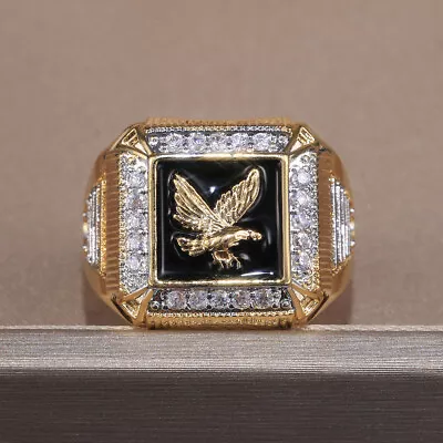 18k Gold Ep Mens Eagle Diamond Simulated Dress Ring Size 7-13 • $23.99