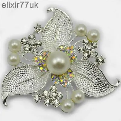 £5.39 • Buy New 2.8  Large Silver Flower Leaf Pin Brooch Faux Pearl Diamante Crystal Wedding