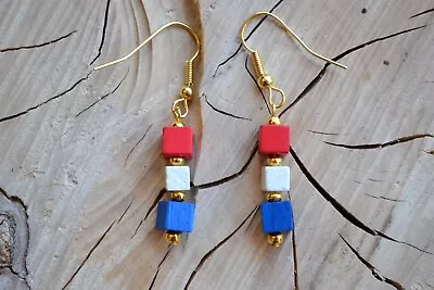 Red White & Blue Union Jack Earrings Handmade Wood Square Cube Earrings • £3.99