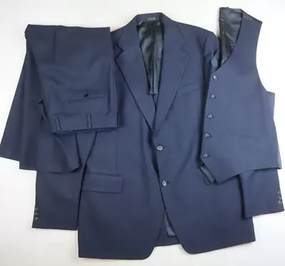 Vintage Men's Navy Blue 3 Piece Suit - Jacket Vest Pants - Hawk's - Size 42l • $63.99