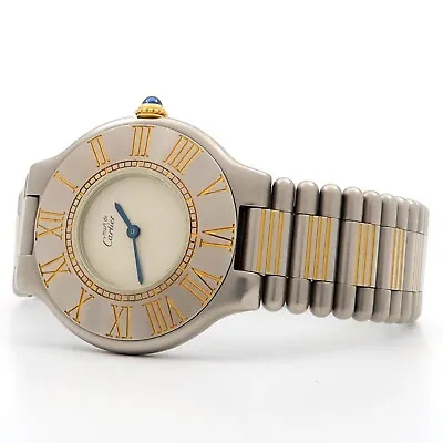 Cartier Must De Cartier 21 Stainless Steel Quartz 32MM White Dial Gold Accent • $1495