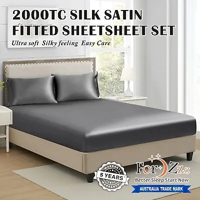 $27.99 • Buy 2000TC Silk Satin Fitted Sheet Pillowcases Set Single KS Double Queen King Bed