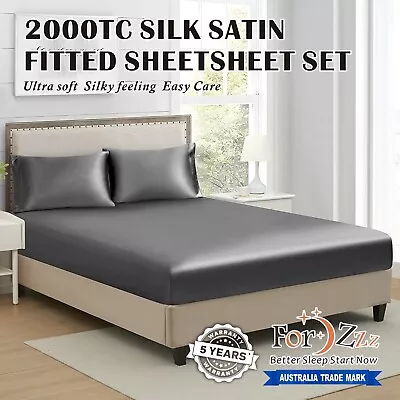 2000TC Silk Satin Fitted Sheet Pillowcases Set Single KS Double Queen King Bed • $37.95