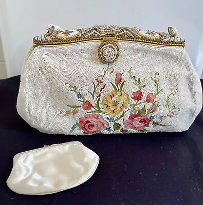 Vintage Michel Swiss Paris Beaded Porcelain Floral Embroided Purses Bag France • $125