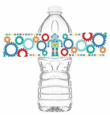 Robot Party Bottle Wraps - Set Of 20 Waterproof Bottle Stickers - Robot Water • $10.99