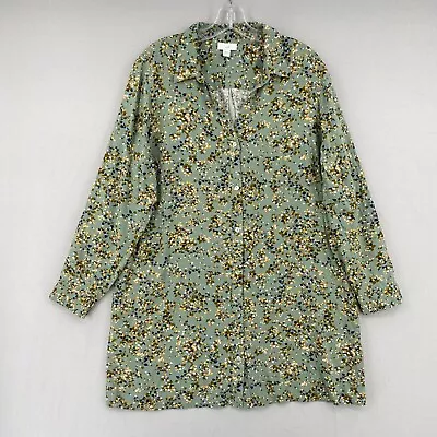 J Jill Button Front Tunic Shirt Womens Large Green Floral Long Sleeve Rayon • $29.99