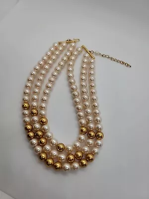 Vintage Three Stand Faux Pearl Necklace Gold Tone Jewelry  • $18
