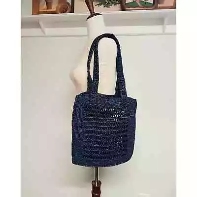 J Crew Open Weave Tote Bag Navy Blue Knotted Raffia Grocery Market Bag • $20