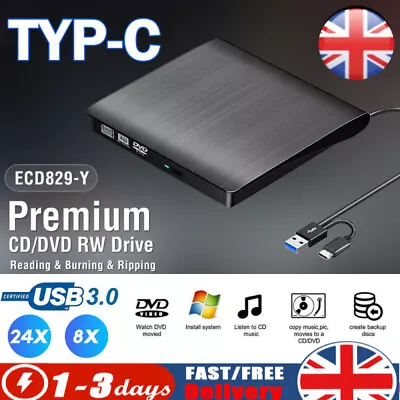 £15.99 • Buy USB 3.0 CD/DVD Drive RW Type C Burner Player For PC Windows 11 Laptop Rewriter