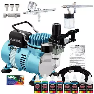 2 Master Airbrush Air Compressor Kit 6 Primary Opaque Acrylic Paint Colors Set • $139.99